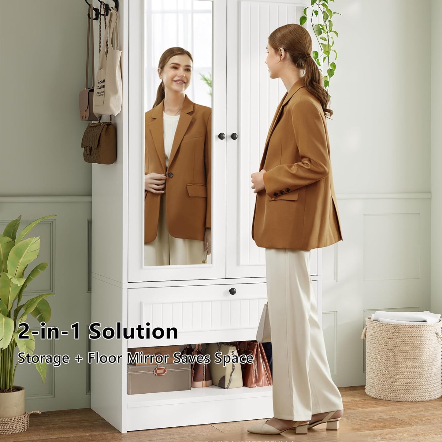 Wood Armoire Wardrobe Closet with Mirror Door and Drawer, 2 Doors Bedroom Storage Cabinet for Hanging Clothes, White