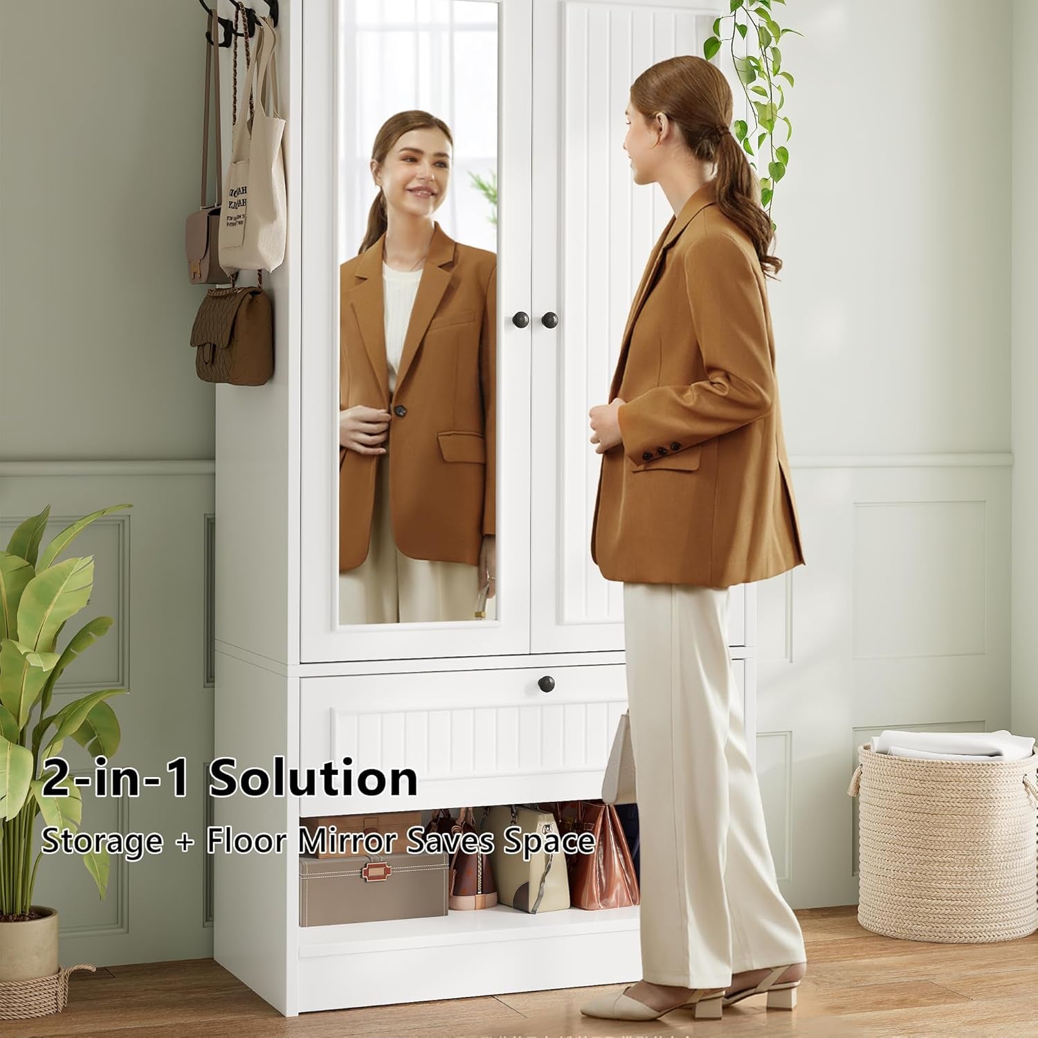 Wood Armoire Wardrobe Closet with Mirror Door and Drawer, 2 Doors Bedroom Storage Cabinet for Hanging Clothes, White