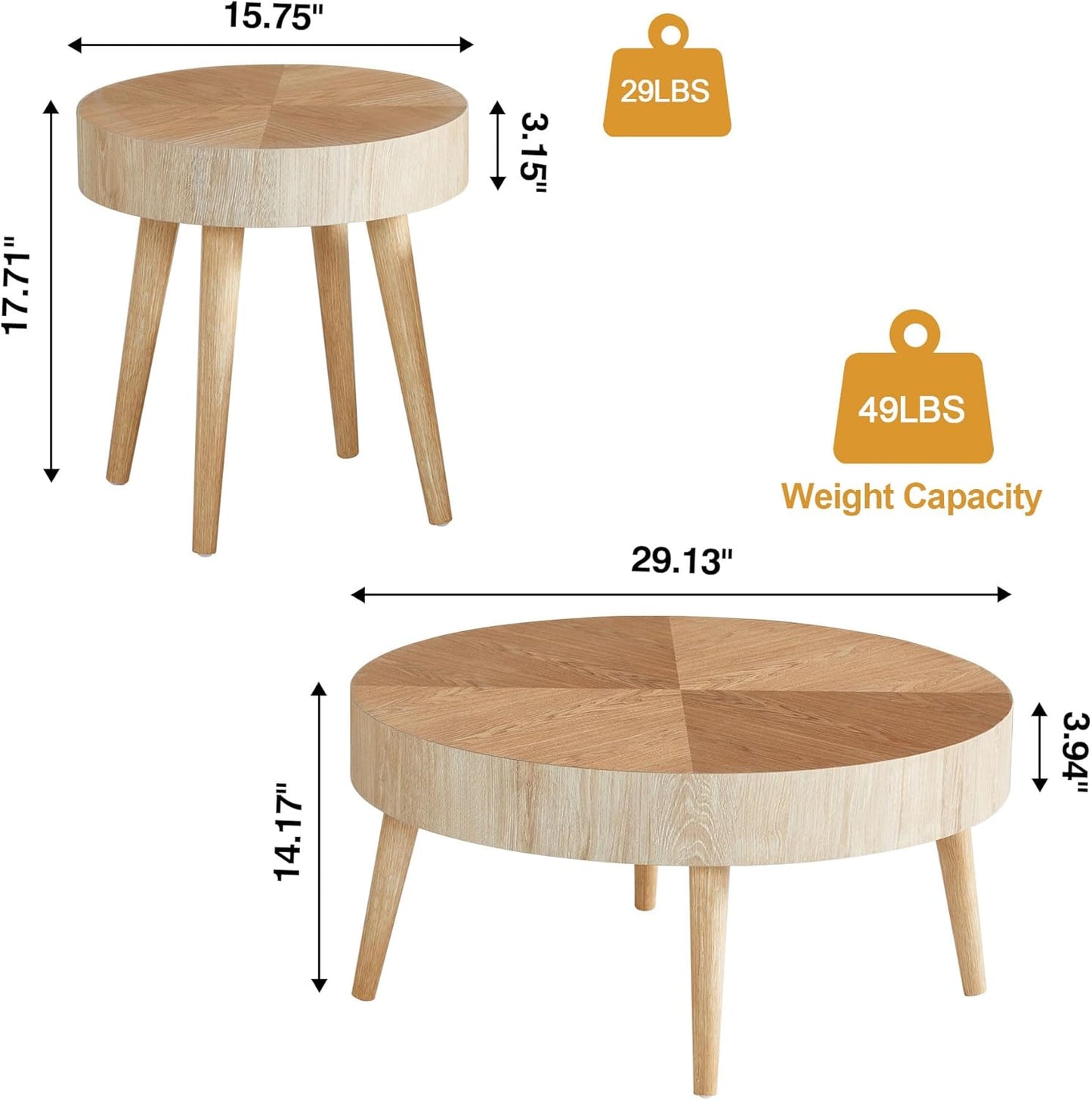 Farmhouse round Coffee Table Set of 2, Rustic Sofa Side End Tables W/Wood Finish, Nesting End Table Set for Living Room, Bedroom (Natural)