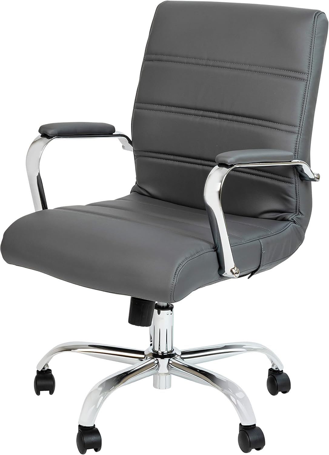 Whitney Mid-Back Swivel Leathersoft Desk Chair with Padded Seat and Armrests, Adjustable Height Padded Office Chair, Gray/Chrome