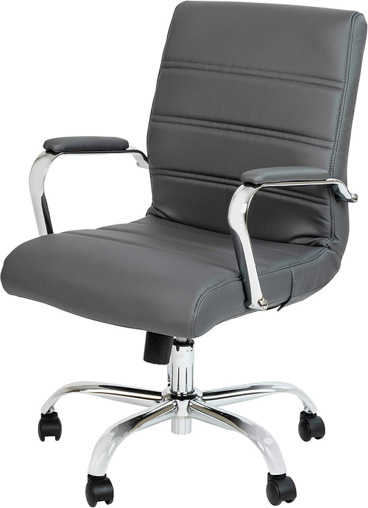 Whitney Mid-Back Swivel Leathersoft Desk Chair with Padded Seat and Armrests, Adjustable Height Padded Office Chair, Gray/Chrome