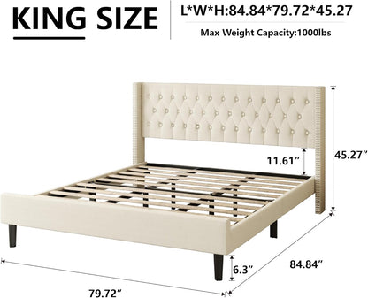 King Size Bed Frame, Upholstered Platform Bed with Wingback Headboard, Velvet Button Tufted, Easy Assembly, No Box Spring Needed, Beige