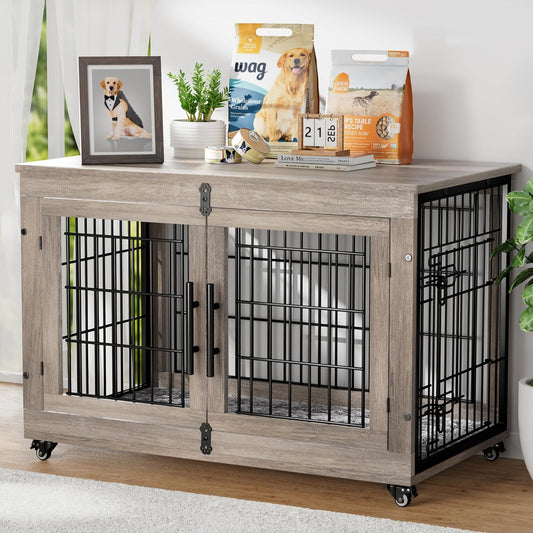 Dog Crate Furniture with Cushion, Large Wooden Dog Kennel Indoor with Double Doors, Dog Cage with Wheels, Dog House Side End Table for Large Medium Dogs up to 70 Lb, 38.5” L, Grey