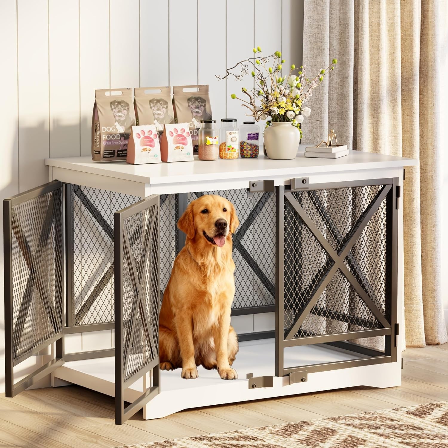 Large Dog Crate Furniture - 48 Inch Heavy Duty Dog Kennel Indoor for Xlarge Breed with Double Doors, Wooden Dog Cage XL Modern Decorative End Table Pet House (White)