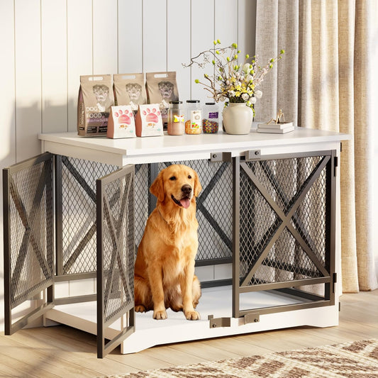 Large Dog Crate Furniture - 48 Inch Heavy Duty Dog Kennel Indoor for Xlarge Breed with Double Doors, Wooden Dog Cage XL Modern Decorative End Table Pet House (White)