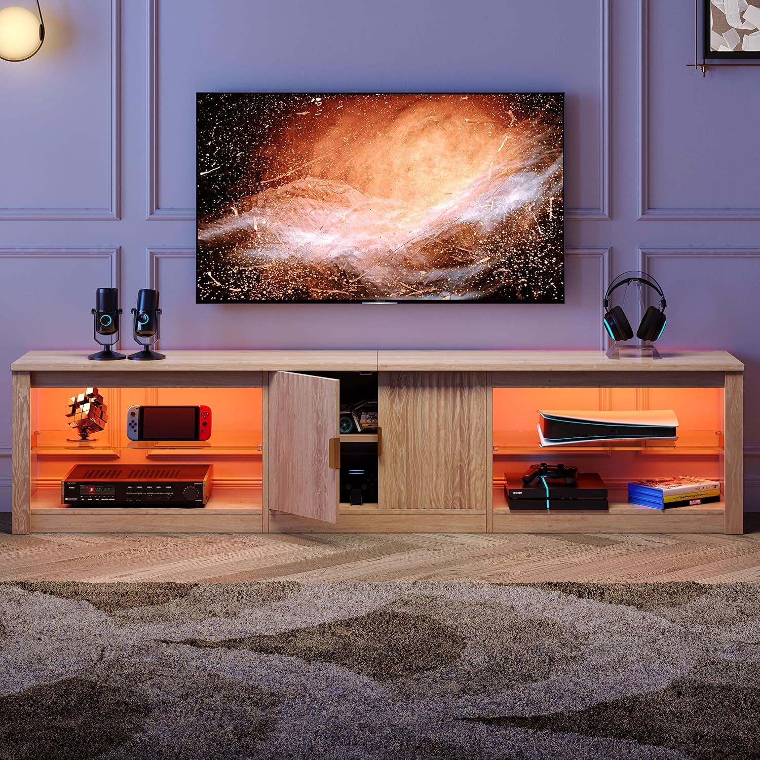 80 Inch TV Stand for 75/85/90 Inch Tvs, LED Entertainment Center with Fluted Storage Cabinet & Adjustable Shelves, Modern Farmhouse Wooden TV Console for Living Room Bedroom, Natual Oak