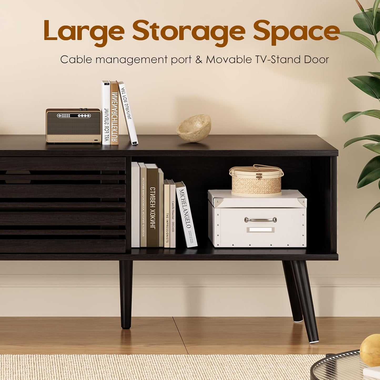 Mid Century Modern TV Stands for up to 70" TV with Storage, Fluted Wood TV Stand for Living Room, Boho Media Console, Entertainment Center with Cable Management