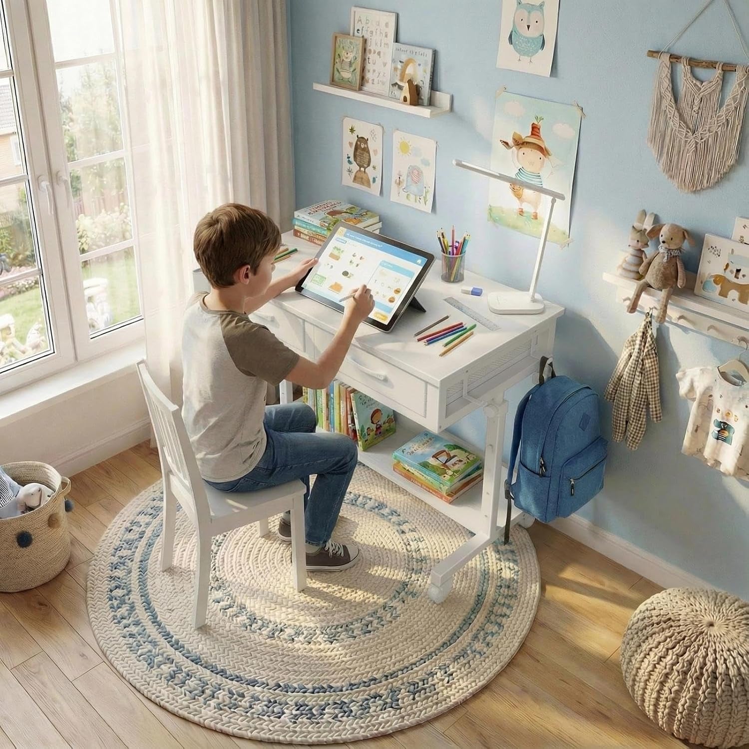 Small White Portable Adjustable Rolling Kids Desk with Drawers & Storage Shelf, 32 Inch Mobile Standing Vanity Desks with Wheels, Couch Sofa Side Laptop Craft Table for Bedroom Home Office