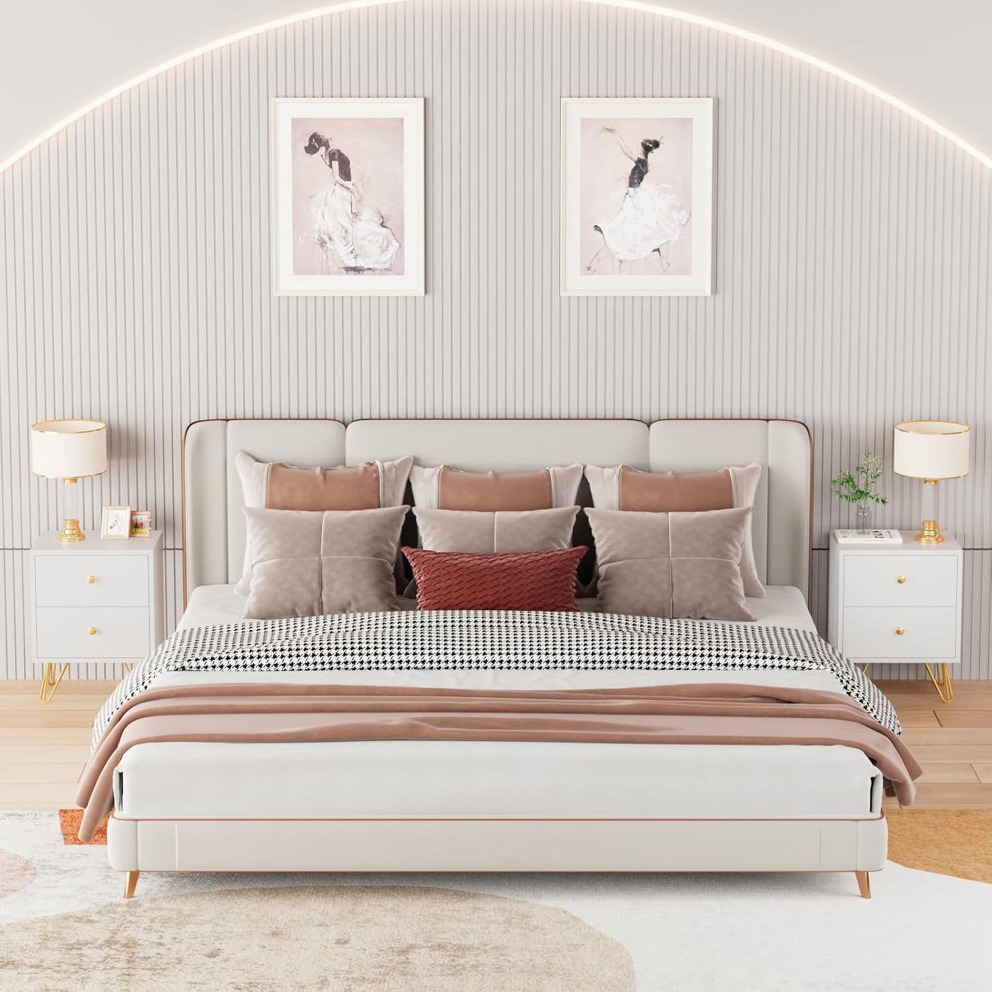 Nightstand Set of 2, End Side Table Double, Bedside Table with 2 Drawers, Dual Night Stand Metal Legs and Knobs for Bedroom Living Room (White)