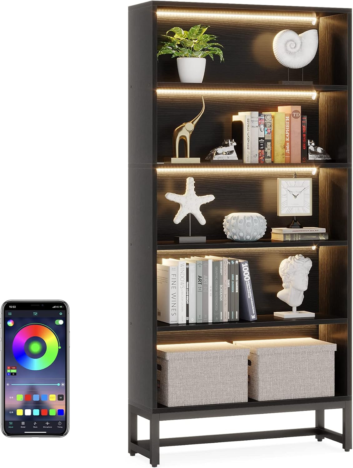 Tall Bookcase Black Bookshelf, 70.8” Large Bookcases Organizer with LED Lights, Heavy Duty Free-Standing Library Bookshelf with 5-Tier Storage Shelves for Living Room, Bedroom (Black)