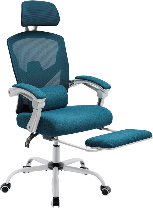Home Office Desk Chair with Footrest, High-Back Mesh Rolling Swivel Reclining Chairs with Wheels, Comfortable Headrest, Lumbar Support, Comfy Arms