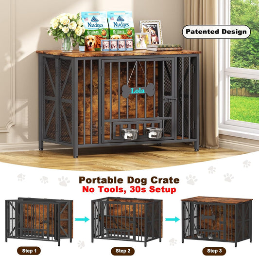 Foldable Large Dog Crate Furniture, 41.3" Assembly-Free Dog Crates for Large Dogs, Wooden Dog Kennel Indoor with Tag & Dog Bowls, Dog Cage Use as TV Stand, Rustic Brown