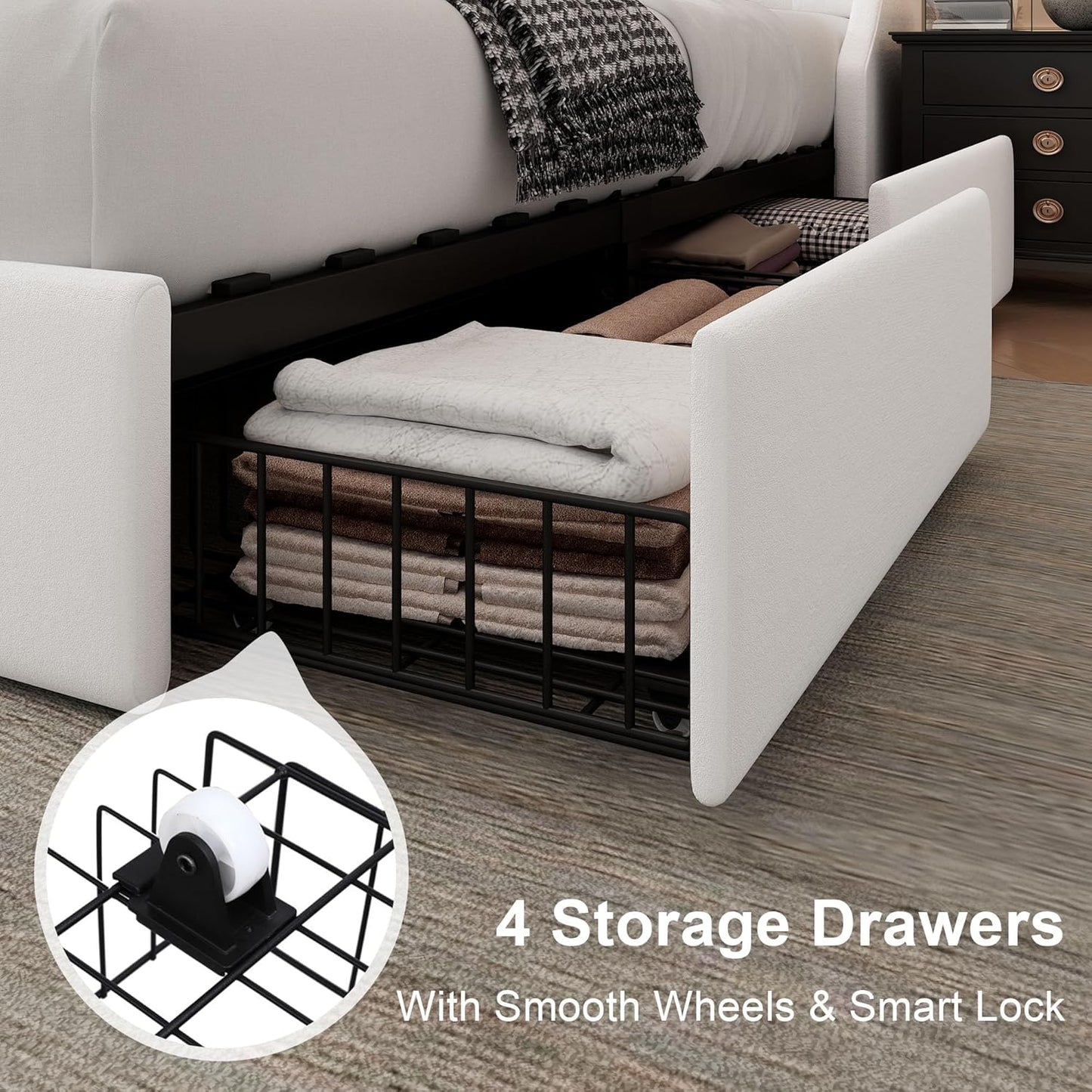 Upholstered Full Size Bed Frame with 4 Storage Drawers, Charging Station, Tufted Wingback Storage Headboard, No Box Spring Needed, Easy Assembly, White
