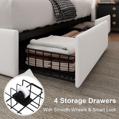 Upholstered Full Size Bed Frame with 4 Storage Drawers, Charging Station, Tufted Wingback Storage Headboard, No Box Spring Needed, Easy Assembly, White