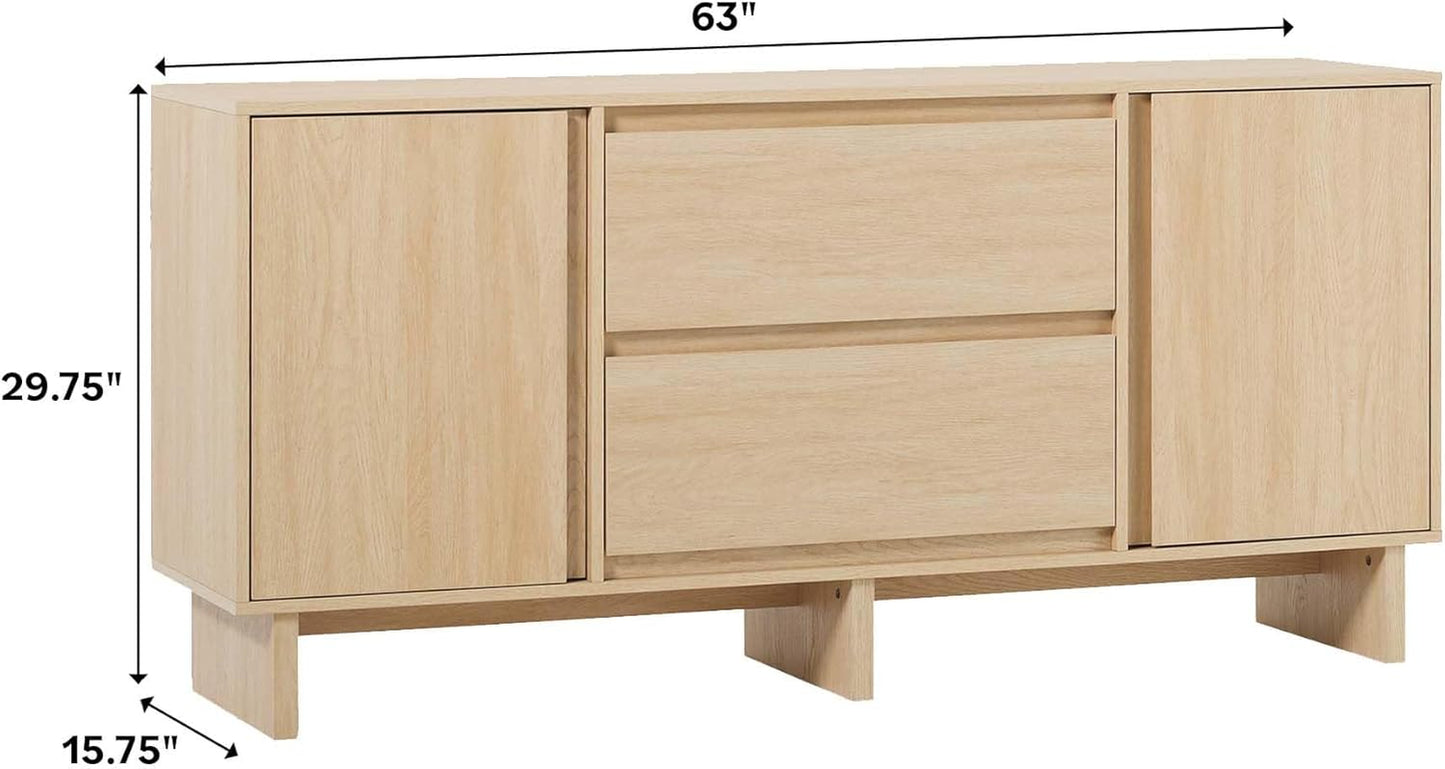 Modern Beveled 2-Door, 2-Drawer Sideboard, 63 Inch, Coastal Oak