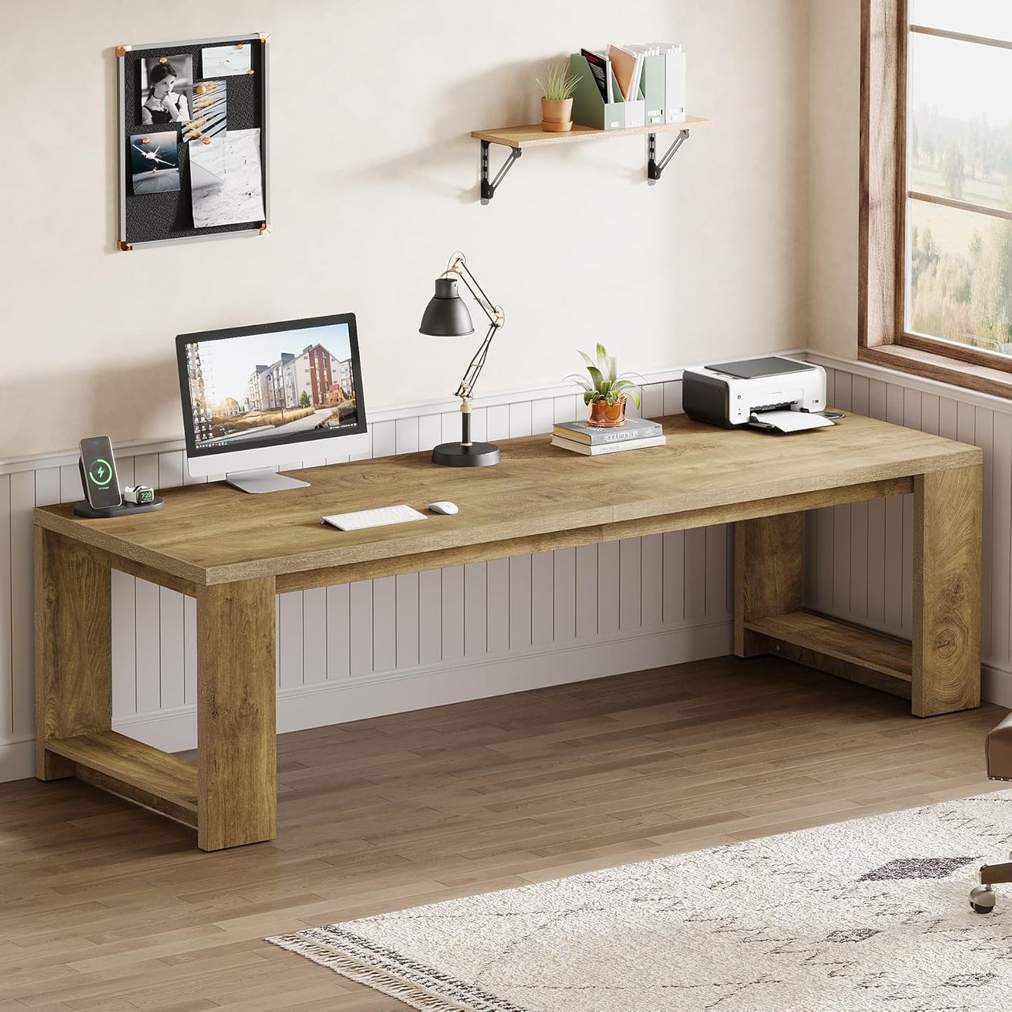 Two Person Desk, 86.6 Inches Extra Long Desk, Double Computer Writing Table, Wood Large Desks Workstation for Home Office, Natural Oak