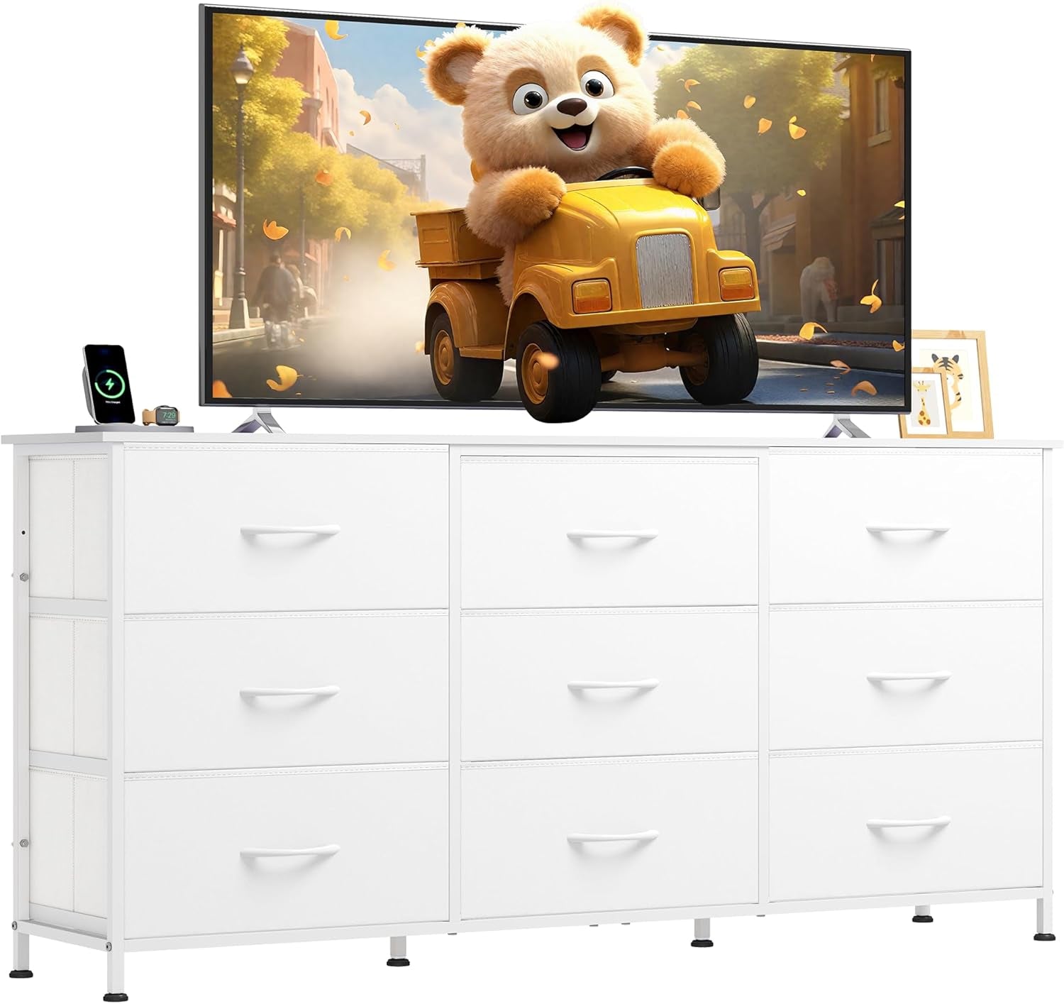 54''W Dresser for Bedroom, White Dresser TV Stand for 55, 60, 65 Inch TV, Wide Chest of Drawers with 9 Drawer, Large Entertainment Center, Fabric Dressers with Wood Top for Closet, Living Room