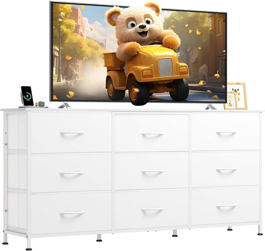 54''W Dresser for Bedroom, White Dresser TV Stand for 55, 60, 65 Inch TV, Wide Chest of Drawers with 9 Drawer, Large Entertainment Center, Fabric Dressers with Wood Top for Closet, Living Room