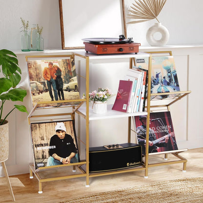 Record Player Stand with Vinyl Record Storage, Turntable Stand with 4-Tier Vinyl Display Shelf & Metal Frame, Record Holder for Living Room, Gold & White