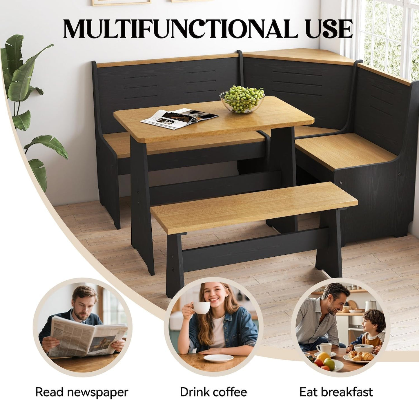 Breakfast Nook Corner Dining Table Kitchen Bench Chair Set, Space-Saving 3-5 People Seat Reversible L-Shape for Family Home Black Wood