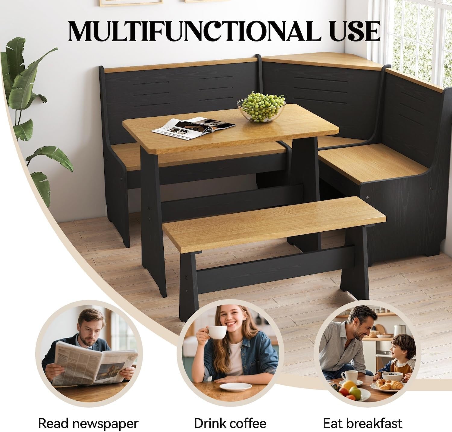 Breakfast Nook Corner Dining Table Kitchen Bench Chair Set, Space-Saving 3-5 People Seat Reversible L-Shape for Family Home Black Wood