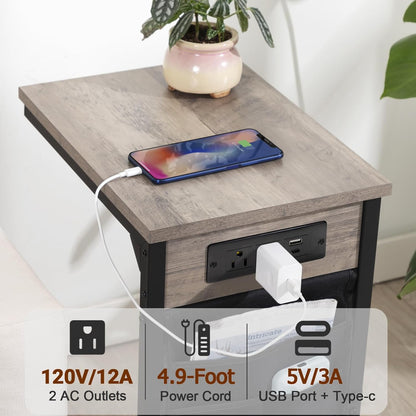 C Shaped End Table with Charging Station, TV Tray Set of 2, Couch Tables with Storage Bag, Slide under Sofa Side Table with USB Ports and Outlets for Living Room, Grey HET04CGY