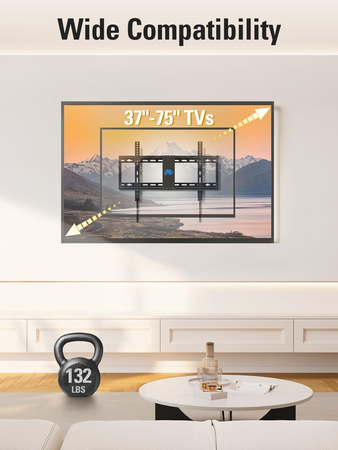 TV Wall Mount for Most 37-75 Inch Tvs, Universal Tilt TV Mount Fit 16", 18", 24" Stud with Loading Capacity 132Lbs, Max Vesa 600 X 400Mm, Low Profile Flat Wall Mount TV Bracket