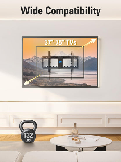 TV Wall Mount for Most 37-75 Inch Tvs, Universal Tilt TV Mount Fit 16", 18", 24" Stud with Loading Capacity 132Lbs, Max Vesa 600 X 400Mm, Low Profile Flat Wall Mount TV Bracket
