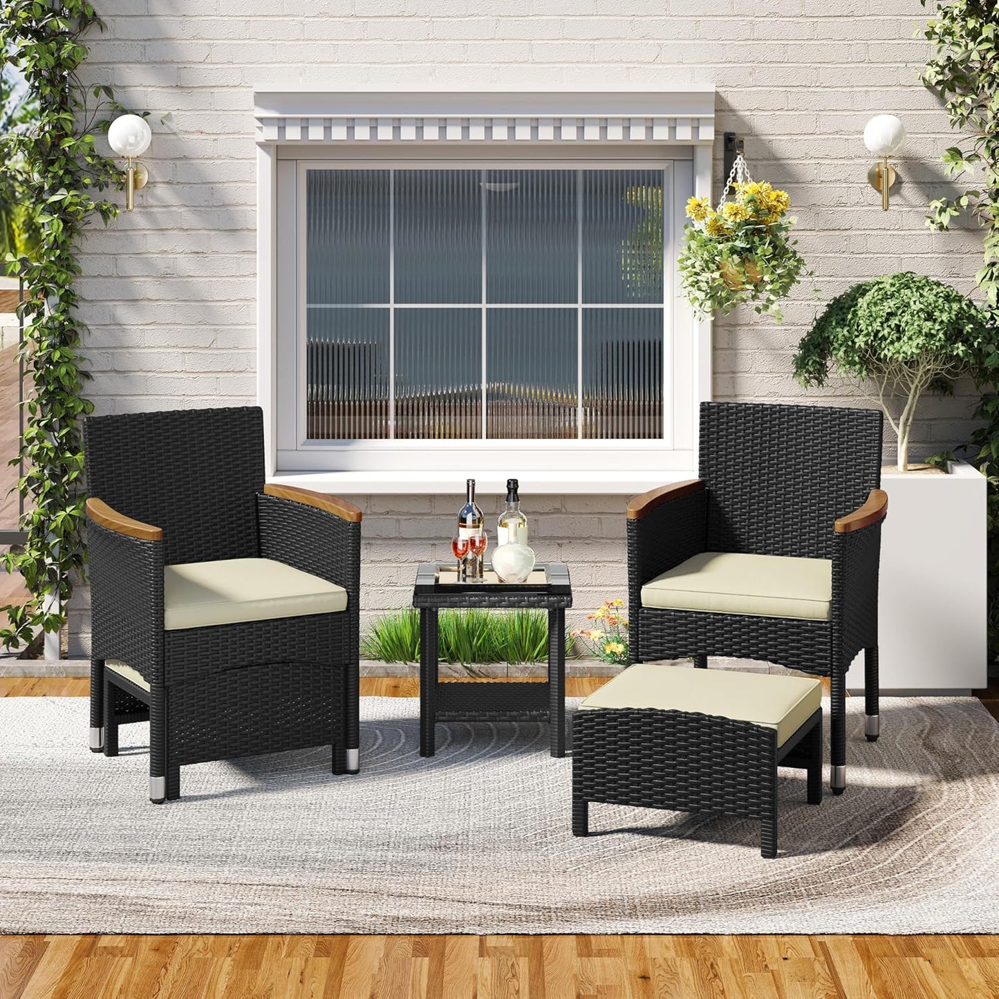 5 Piece Patio Conversation Set, Outdoor Wicker Bistro Furniture, PE Wicker Outdoor Rattan Chairs Set with Coffee Table for Porch, Poolside, Lawn, Garden, Balcony