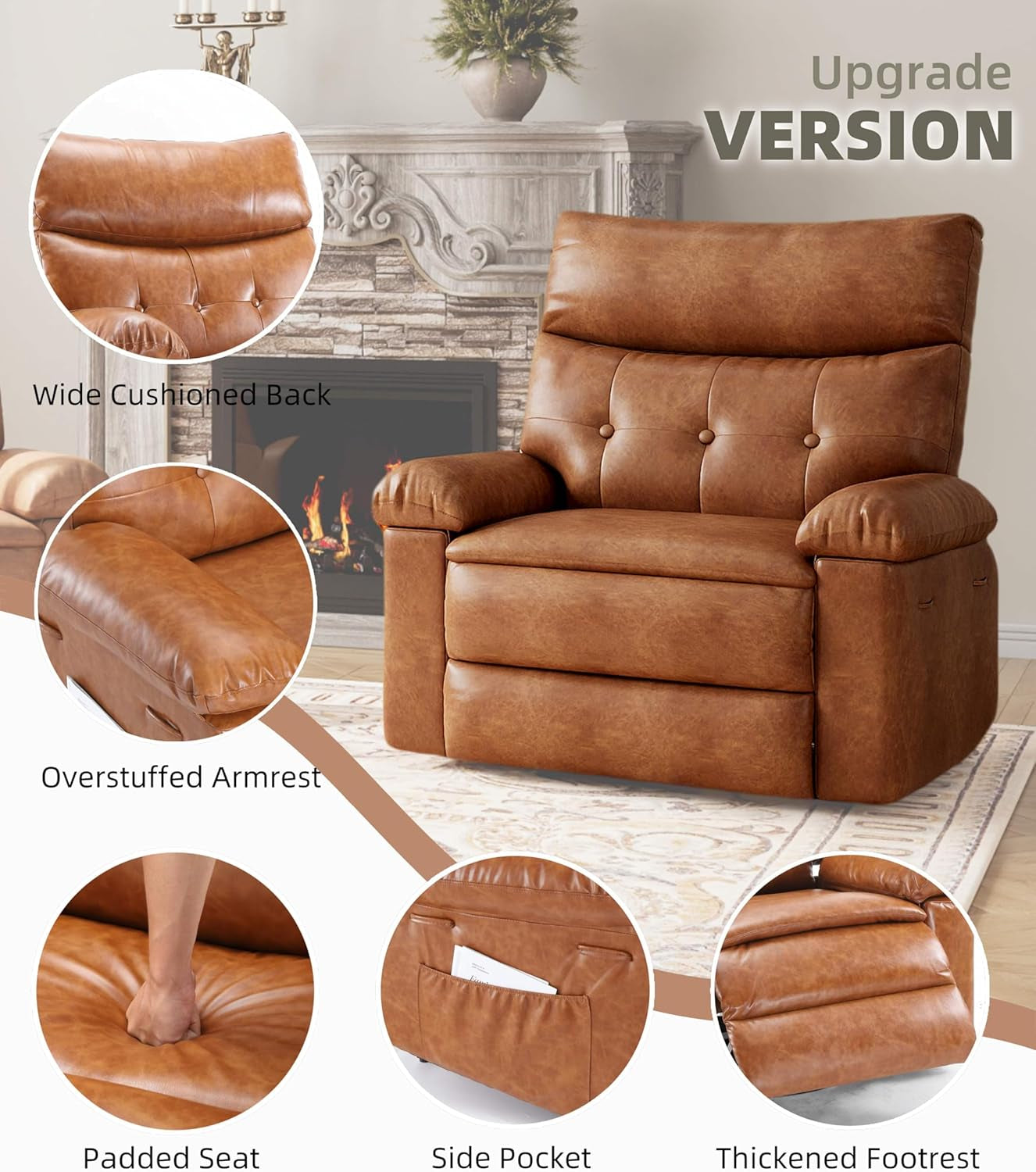 Recliner Chair - PU Leather Manual Recliner for Adults, Lazy Chair with 1.5X Sponge Comfort Arm and Back for Living Room, Bedroom