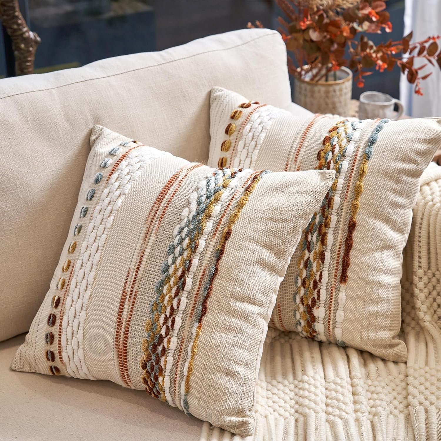 Boho Throw Pillow Covers 18X18 Inch Set of 2, Farmhouse Decorative Striped Square Pillow Covers Chenille Tufted Pillow Cases Accent Neutral Pillowcase for Living Room Couch Bed, Orange White