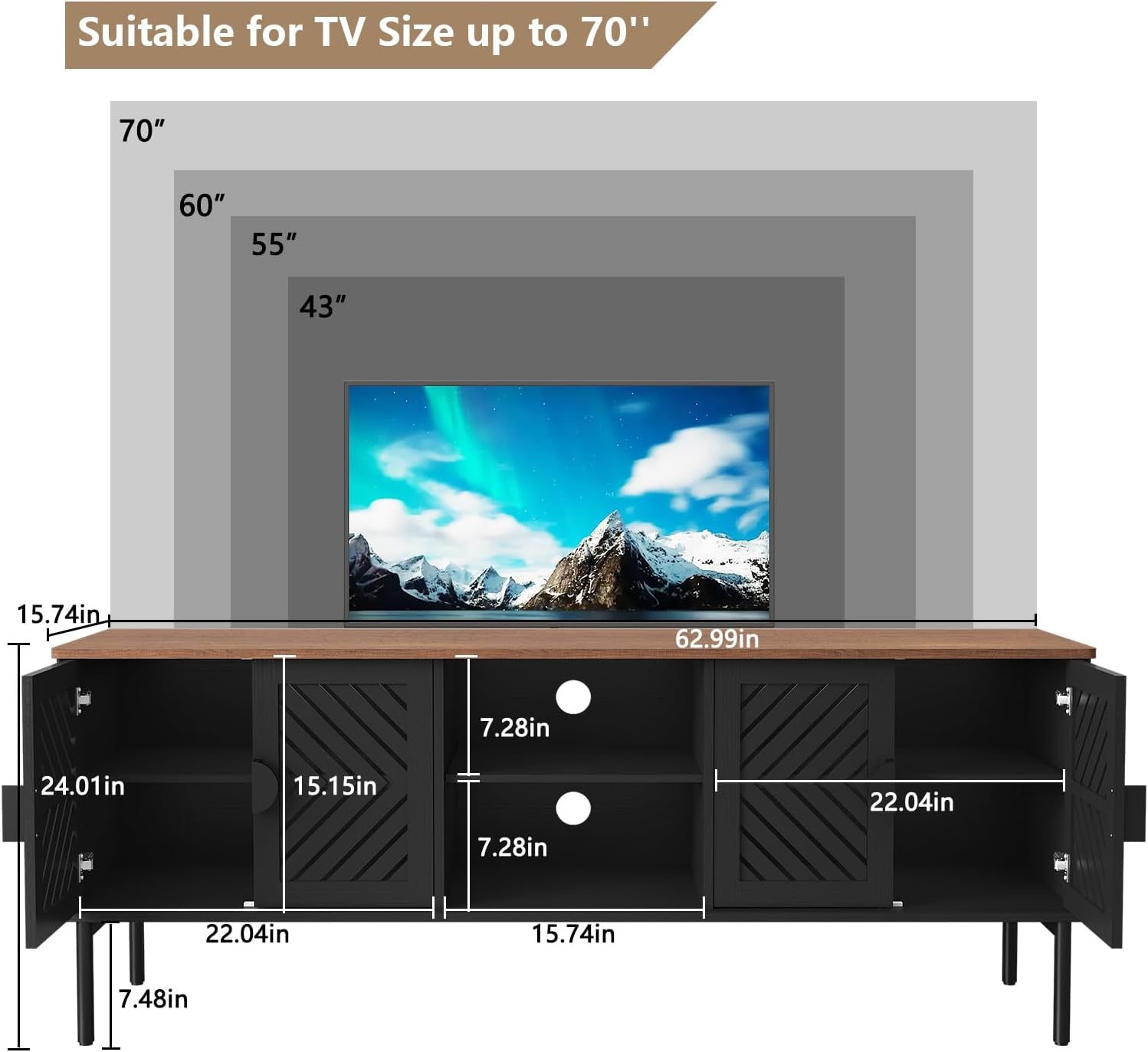 63" Modern TV Stands for Living Room, Long Entertainment Center with Storage, TV Console for 55 60 65 70 Inch TV, Bedroom TV Cabinet with Doors, Wood Media Console, Television Stand, Black