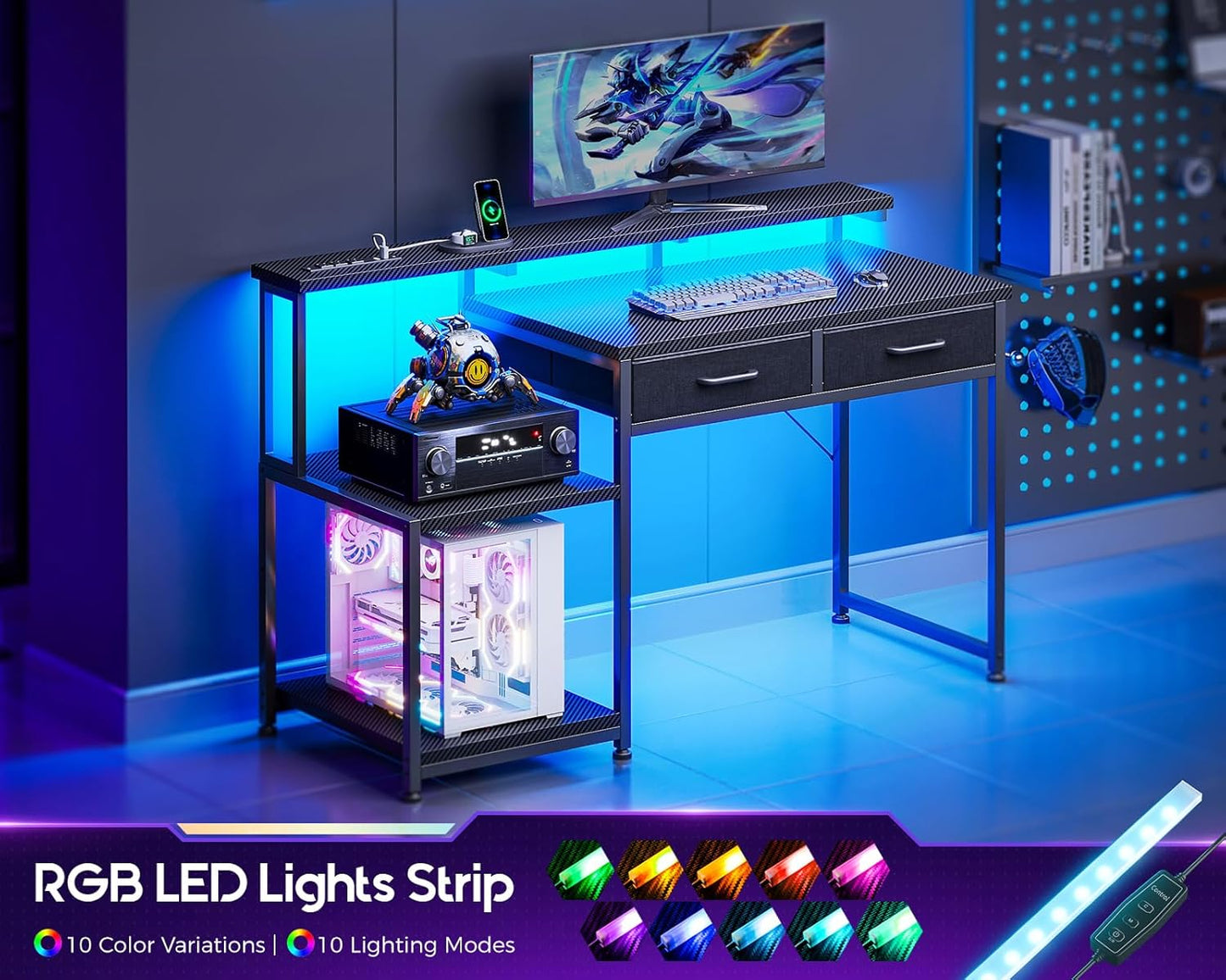 Gaming Desk with Led Lights & Power Outlet, 55 Inch Computer Desk with Drawers, Office Desk with Large Display Storage Shelves, Reversible Desk with Monitor Stand for Home, Carbon Fiber Black