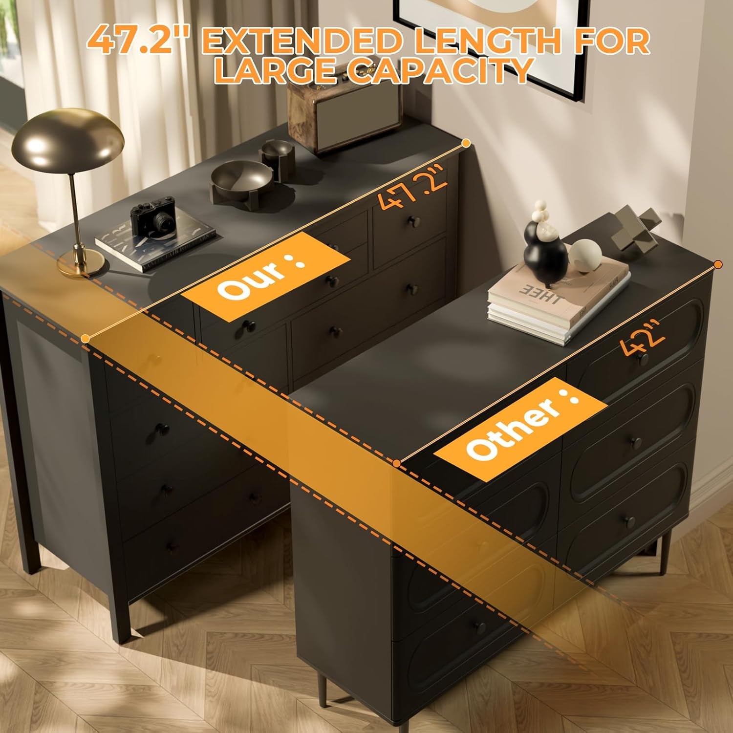 10 Drawer Large Black Dresser for Bedroom, 47.2" Long Chest of Drawers with Deep Drawers, Modern Wooden Storage Dresser for Closet, 36.2" Tall TV Stand for Living Room, Hallway, Entryway