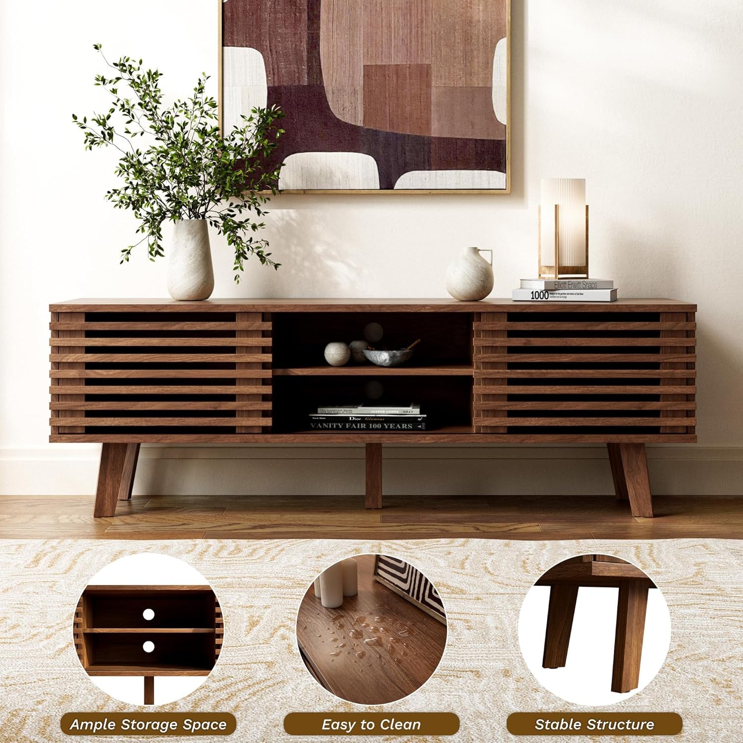 Living Room Table Sets of 2, Mid Century Coffee Table and TV Stand, Wood Coffee Table with Storage, Modern TV Stand for Bedroom, Living Room, Walnut