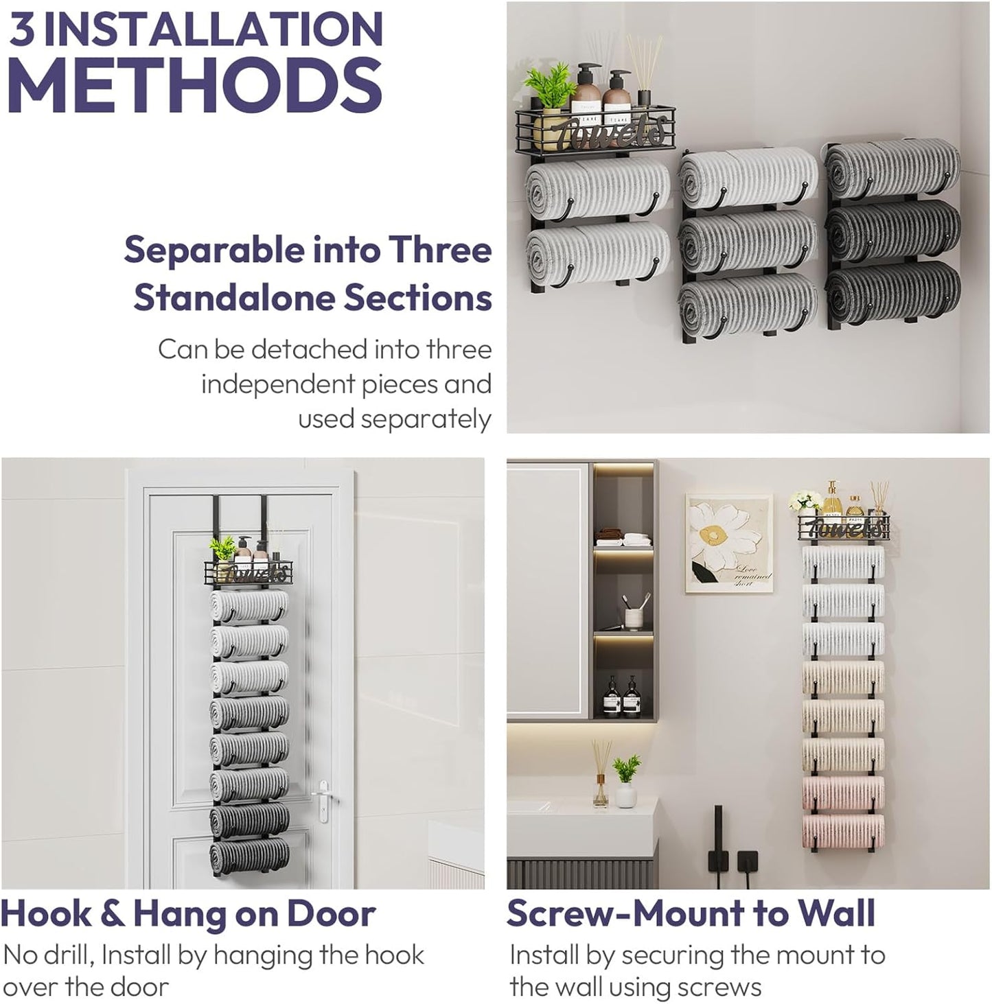 Hanging Towel Racks for Bathroom - 9 Tier over the Door & Wall Mounted Bath Rolled Towel Storage Organizer Holder for Small Bathroom, RV, Camper, Black (Patented)