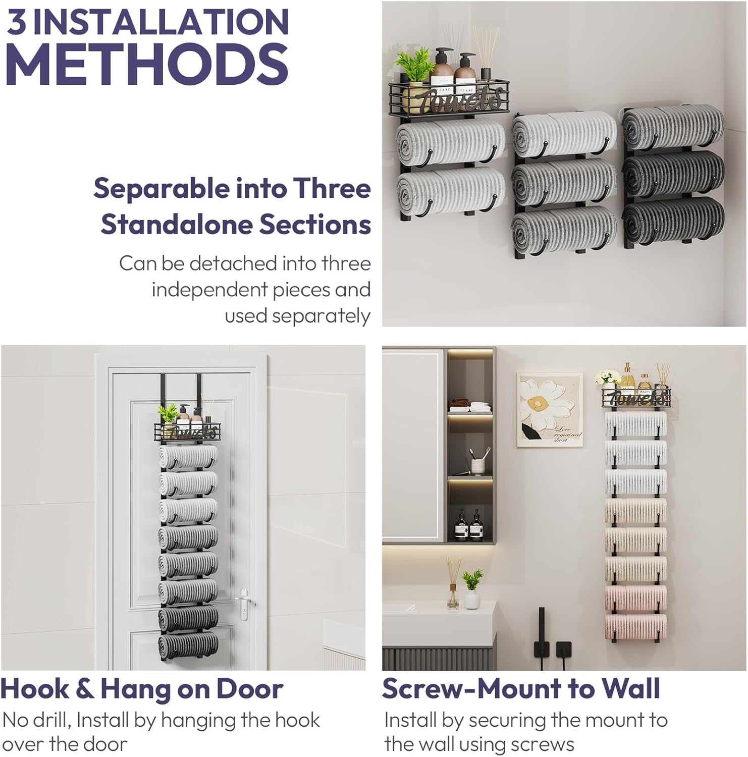 Hanging Towel Racks for Bathroom - 9 Tier over the Door & Wall Mounted Bath Rolled Towel Storage Organizer Holder for Small Bathroom, RV, Camper, Black (Patented)