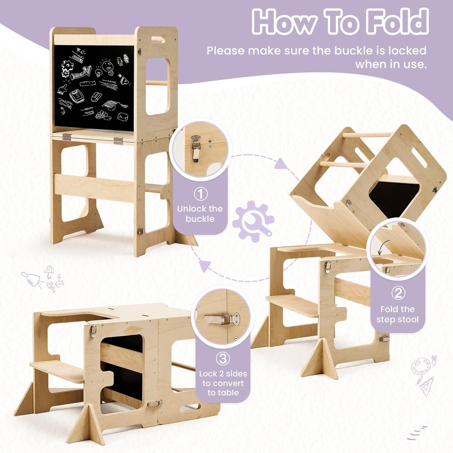 Toddler Standing Tower for 12M+, Montessori Foldable Learning Standing Tower with Blackboard, Anti-Tip Structure Design,Wooden Kitchen Step Helper Stool for 1-3 Year Old Boy Girl Gift