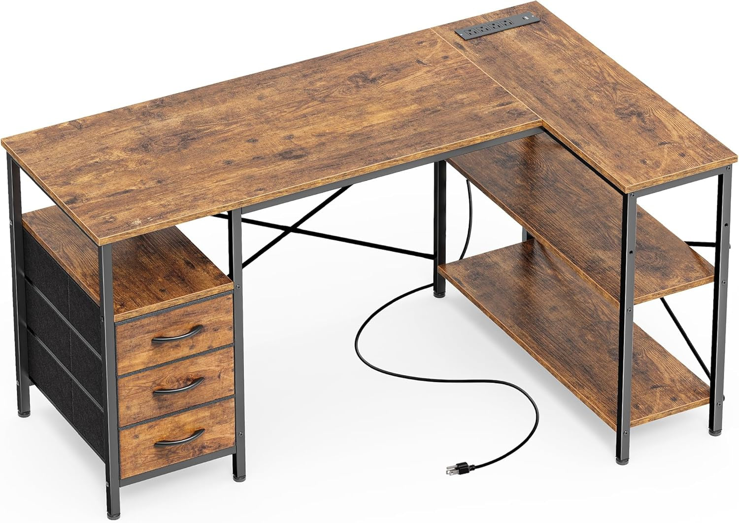 L Shaped Office Desk with Power Outlets, 47 Inch Computer Desk with 3 Drawers, Shelves, for Gaming, Corner Work, Home Office, Study, Rustic Brown