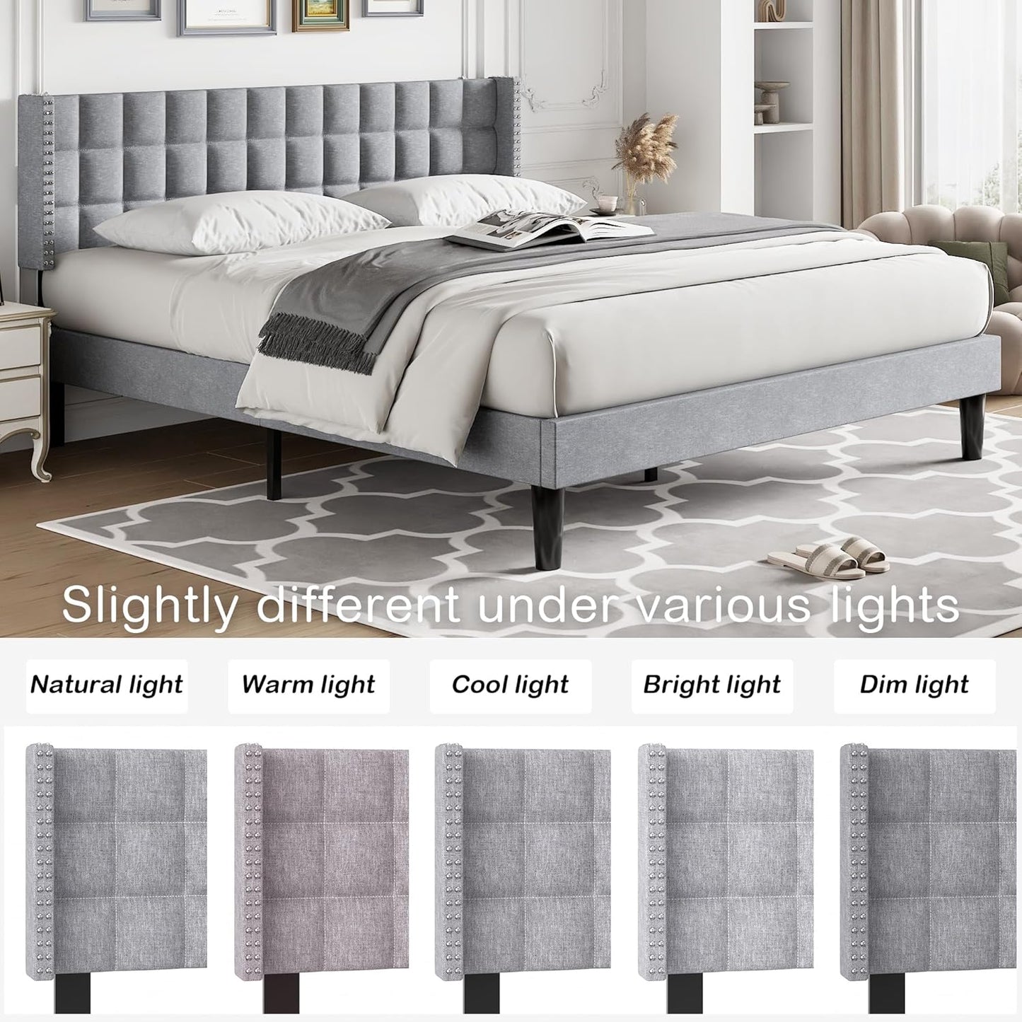 Headboard King Size, Linen Upholstered Headboards Only with Nailhead Trim Wingback, Square Stitched Design, Adjustable Height from 40" to 49.8", Light Grey