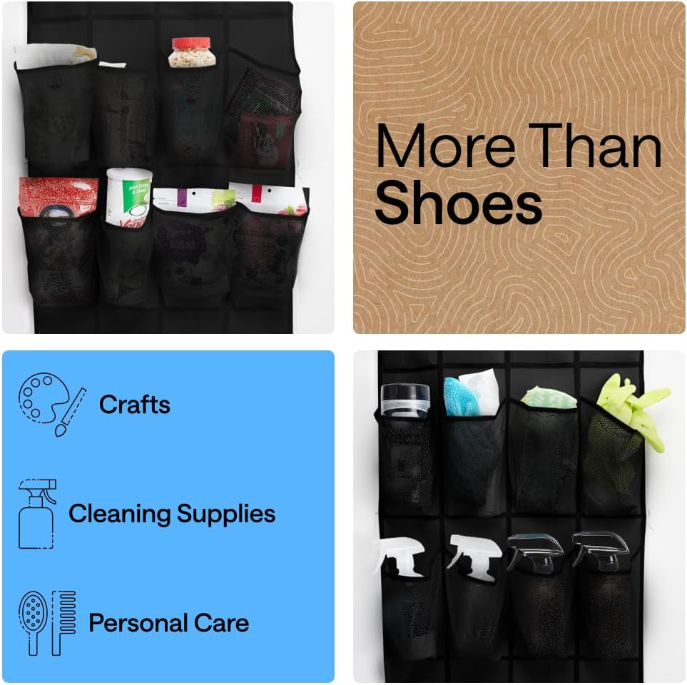 over the Door Shoe Organizer, 24 Large Breathable Mesh Pockets, Space Saving Hanging Storage Holder, Closet Rack Hanger Holds up to 40 Lbs, Hangs on Closets for Shoes, Accessories, Black