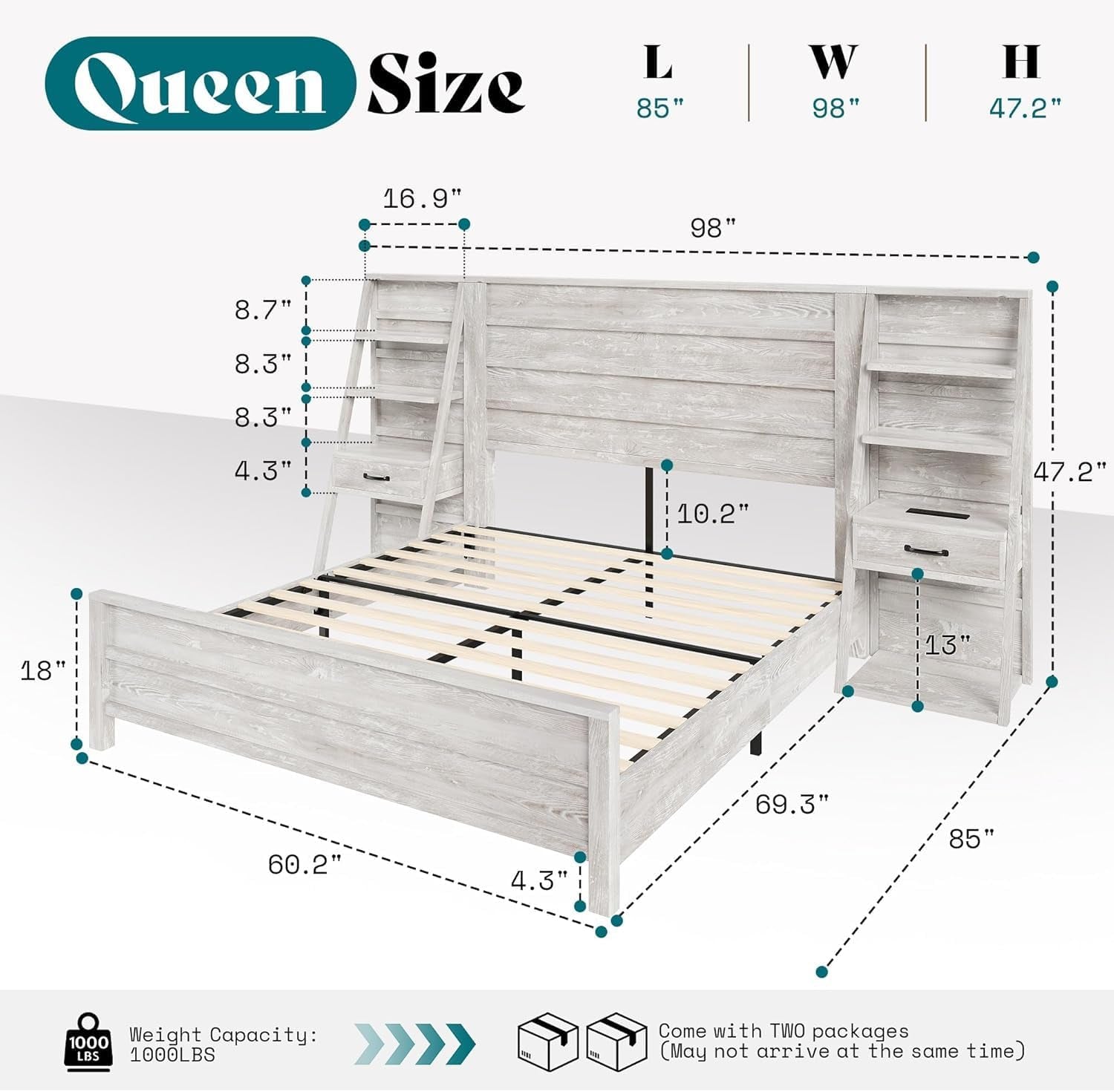 Queen Bed Frame with Bookcase Headboard & 4-Tier Bedside Shelf, Farmhouse Platform Bed with Charging Station and 2 Drawers, Noise-Free
