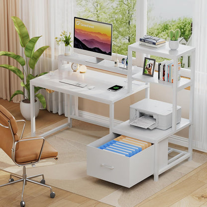 Office Desk with Power Outlets and Printer Shelf, 68.8 Inch Computer Desk with LED and Drawer, Reversible Gaming Desk with Storage for Home Study Working,Walnut