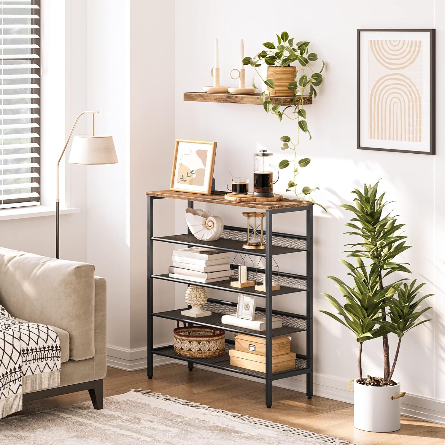 Shoe Rack, 5-Tier Shoe Storage Unit Flat & Slant Adjustable Shoe Organizer Shelf for 16 Pairs, Durable and Stable, for Entryway, Hallway, Closet, Dorm Room, Industrial, Rustic Brown BF01XJ01