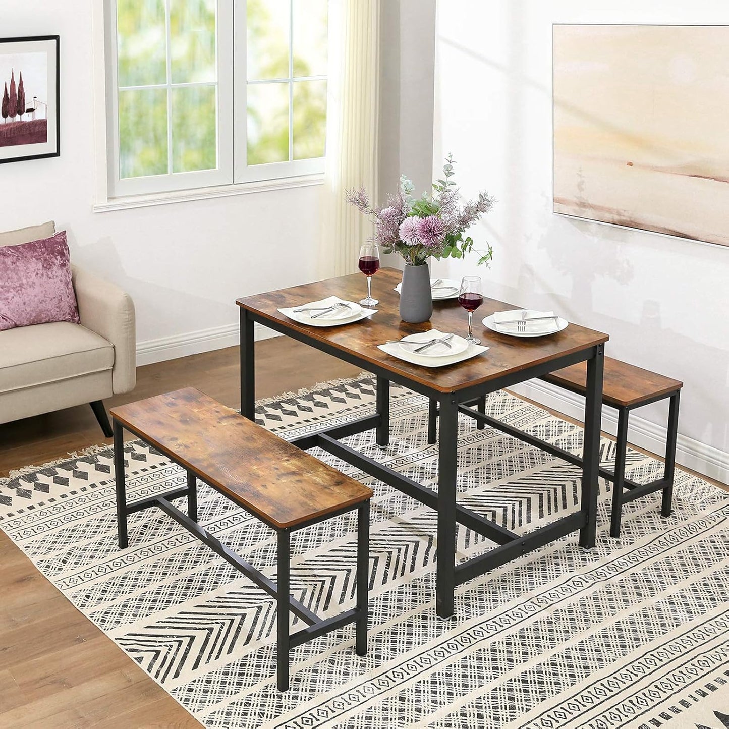 Dining Bench, Pair of 2, Industrial Style, Steel Frame, for Kitchen, Living Room, 12.8 X 42.5 X 19.7 Inches, Rustic Brown + Black，Uktb33X