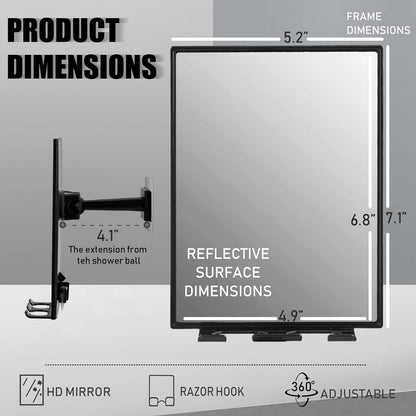 Shower Mirror for Shaving with 2 Replaceable Adhesive - Two Razor Holder, 360°Rotation Adjustable Shaving Mirror with a Squeegee, Bathroom Razor Holder(Not Fogless)