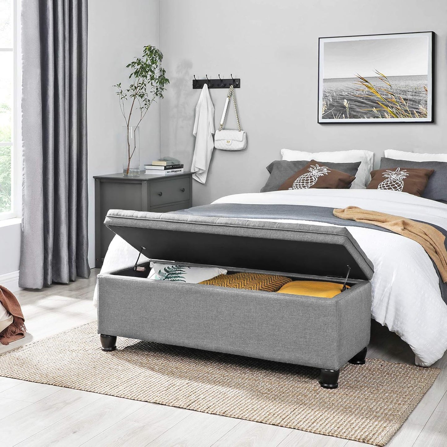 Storage Ottoman, Storage Bench, Tufted Entryway Bedroom Bench, 17.7 X 46.5 X 17.7 Inches, Hinges Easy Lid Operation, Wooden Legs, Linen-Look Cover, Loads 330 Lb, Light Gray ULOM070G02