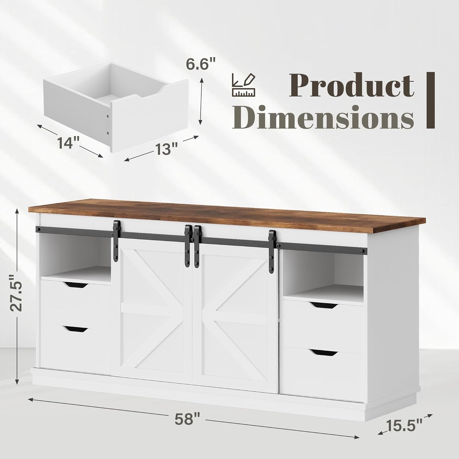 TV Stand for Televisions up to 65 Inchs, with Sliding Barn Doors and 4 Storage Drawers, Console Table and Media Furniture for Living Room, 58 Inch, Milk White
