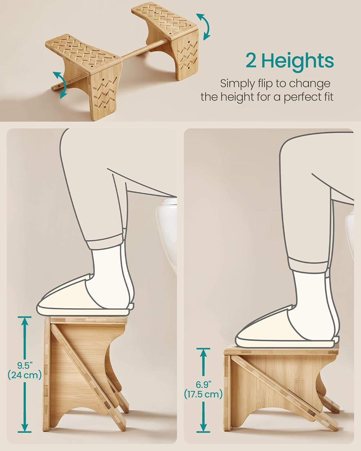 Bamboo Toilet Stool, Adjustable Poop Stool with Non-Slip Grooves, Height Convertible to 6.9 or 9.5 Inches, Squat Potty Stool for Bathroom, Space-Saving, Light Bamboo UBCB111N01
