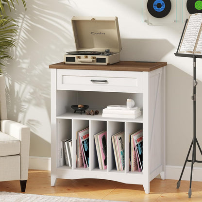 Large Record Player Stand with Charging Station, Vinyl Record Storage Cabinet with Drawer and LED, Turntable Display Table for Living Room, Books, Rustic White and Walnut
